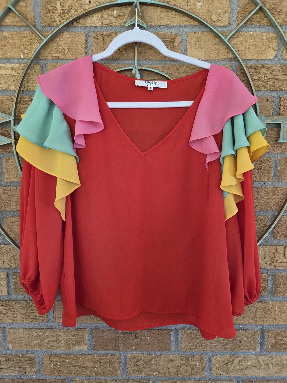 CROSBY By Mollie Burch Colorful Tiered Ruffle Sleeve Blouse Size Small
